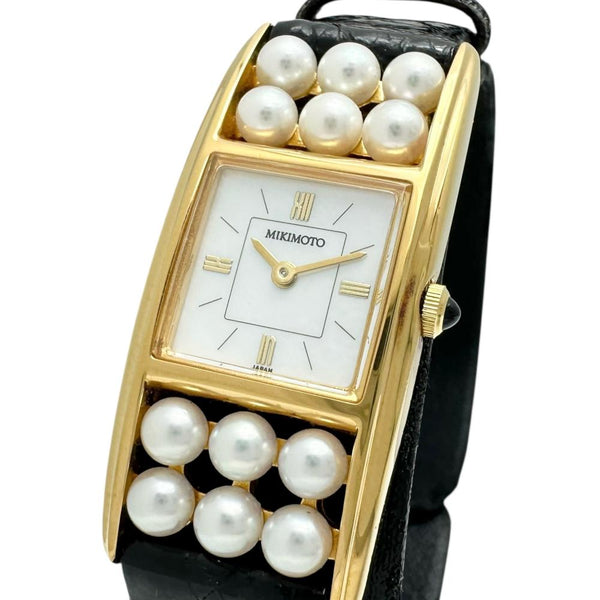 【MIKIMOTO/ミキモト】 563-1710 パールウォッチ スクエア 腕時計 GP/レザー クオーツ ホワイトシェル文字盤/ゴールド/ブラックレザー レディース 【中古】【真子質店】【GD】 【TYx】