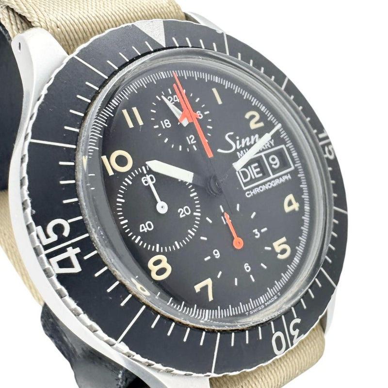 【Sinn/ジン】 156.B ミリタリー クロノ 腕時計 ステンレススチール/ナイロン 自動巻き/オートマ ブラック文字盤/ベージュ社外ベルト メンズ 【中古】【真子質店】【GD】 【TTxx】