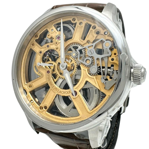 【MAURICE LACROIX/モーリスラクロア】 マスターピース MP7228 未使用 スケルトン 腕時計 ステンレススチール/レザー 自動巻き/オートマ ゴールド文字盤/ブラウンレザーバンド メンズ 【中古】【真子質店】【GD】 【IMiMax】