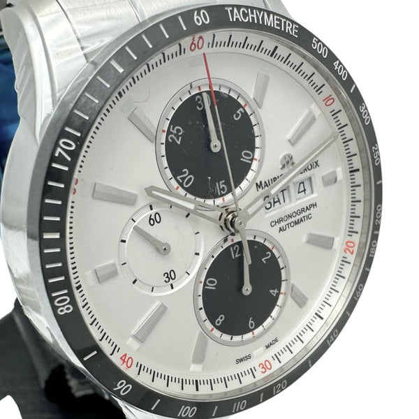 【MAURICE LACROIX/モーリスラクロア】 ポントス PT6038 未使用 クロノ 裏スケルトン 腕時計 ステンレススチール 自動巻き/オートマ ホワイト文字盤/シルバーベルト/グレーナイロン替えベルト メンズ 【中古】【真子質店】【GD】 【IMaMox】
