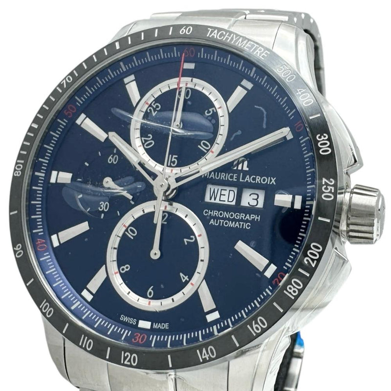 【MAURICE LACROIX/モーリスラクロア】 ポントス PT6038 未使用 クロノ 裏スケルトン 腕時計 ステンレススチール 自動巻き/オートマ ブルー文字盤/シルバーベルト/ブルーナイロン替えベルト メンズ 【中古】【真子質店】【GD】 【IMaMox】