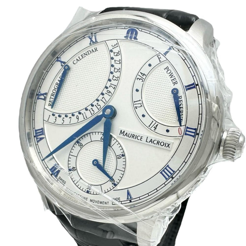 【MAURICE LACROIX/モーリスラクロア】 MP6568 未使用 マスターピース レトログラード 裏スケルトン 腕時計 ステンレススチール/レザー 自動巻き/オートマ シルバー文字盤/ブラックレザーベルト メンズ 【中古】【真子質店】【GD】 【IDxx】