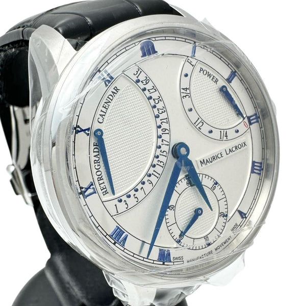 【MAURICE LACROIX/モーリスラクロア】 MP6568 未使用 マスターピース レトログラード 裏スケルトン 腕時計 ステンレススチール/レザー 自動巻き/オートマ シルバー文字盤/ブラックレザーベルト メンズ 【中古】【真子質店】【GD】 【IDxx】