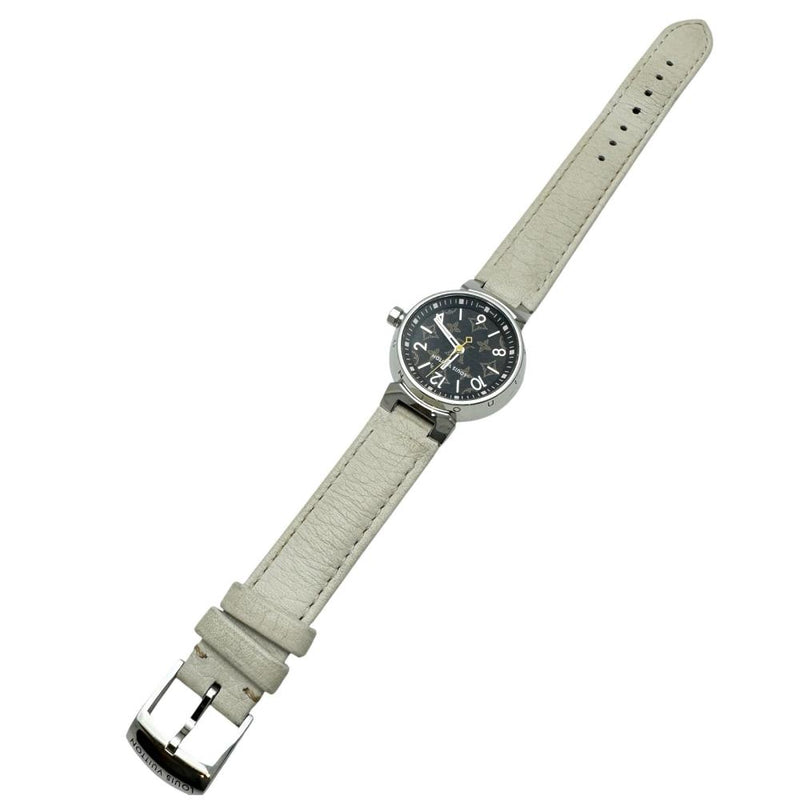 【LOUIS VUITTON/ルイ・ヴィトン】 タンブールPM QA070 腕時計 ステンレススチール/レザー クオーツ ブラウンモノグラム文字盤/ホワイトレザーベルト レディース 【中古】【真子質店】【GD】 【SMox】