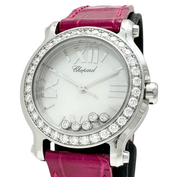 【Chopard/ショパール】 ハッピースポーツ 278509 保証書/ギャラ付き　ダイヤベゼル&ムーブ5P 腕時計 ステンレススチール/レザー/シェル クオーツ シェル文字盤/ピンクレザーベルト レディース
【中古】【真子質店】【BL】




【DSMox】
