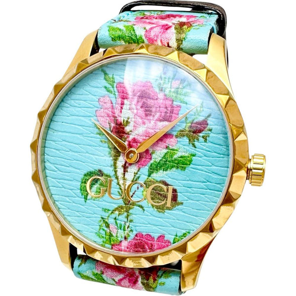 【廃盤レア】GUCCI Gミニ 花柄文字盤 腕時計 GUCCI/グッチ】 Gタイムレス 126.4 フラワー 腕時計 GP/レザー