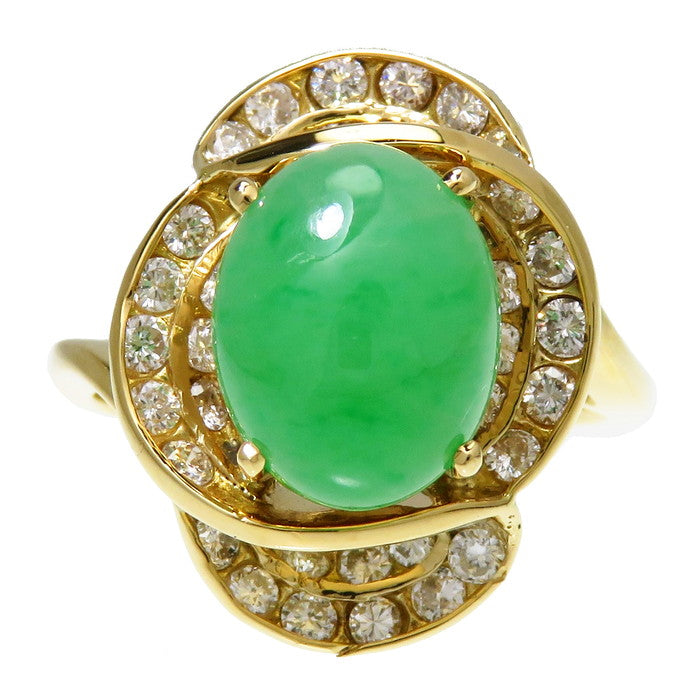【美品】K18 グリーンストーン リング 指輪 18K 翡翠オーバルカットリング 13号 翡翠 3.41ct ダイヤモンド 計0.75ct リング・指輪 K18ゴールド 18