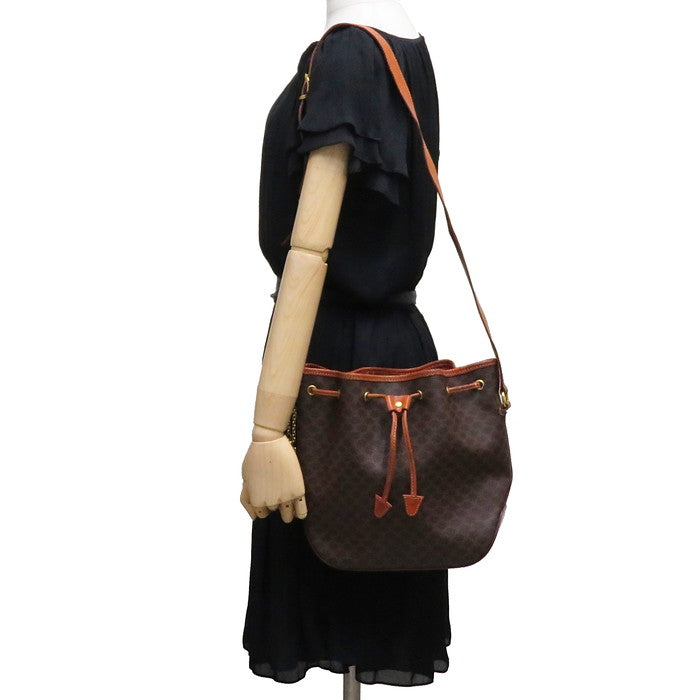 CELINE/セリーヌ】 M95 マカダム柄 巾着 ショルダーバッグ レザー 茶 