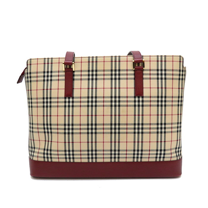 【BURBERRY/バーバリー】 ノバチェック トートバッグ キャンバス/レザー ベージュ/ワインレッド レディース【中古】【真子質店】【GD】,  【TMoMa】