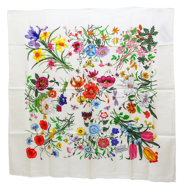 Gucci 花柄 シルクスカーフ今期ほぼ未使用 GUCCI/グッチ】 花柄 未使用品 スカーフ シルク100％ 白×マルチカラー