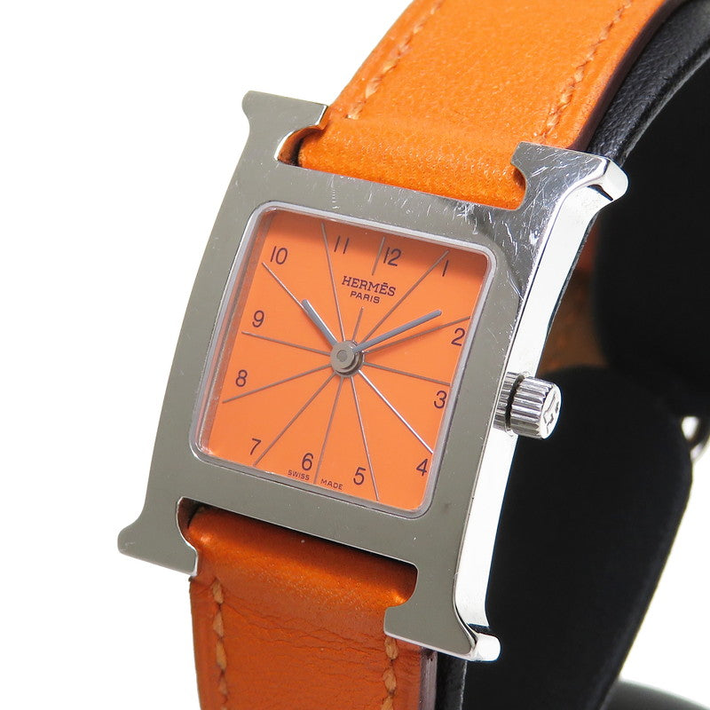 ❤️HERMES❤️タンデム豪華2連巻きオレンジレザーブレス腕時計❤️稼働中❤️