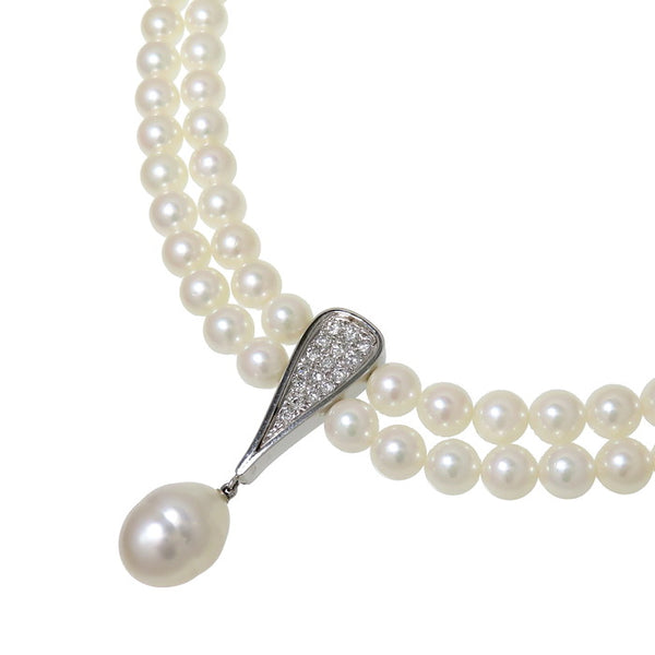 【MIKIMOTO/ミキモト】 2連 アコヤ真珠 5.5~6mm 白蝶真珠 10mm ダイヤモンド 計0.49ct ネックレス  K14WGホワイトゴールド 14金 43.8g 最短37cm レディース