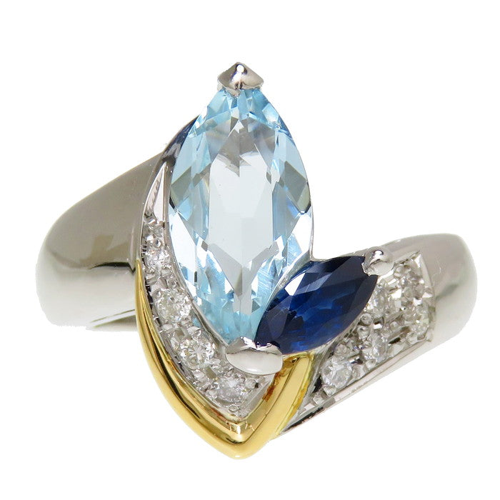 K18 Pt900 コンビ リング アクアマリン 11号 11号 コンビ アクアマリン サファイア 0.45ct ダイヤモンド 計0.11ct