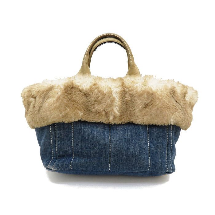 プラダ PRADA トートバッグ BN2182 CANAPA デニム×ファー×スエード ネイビー×ベージュ×アイボリー 革タグ バッグ