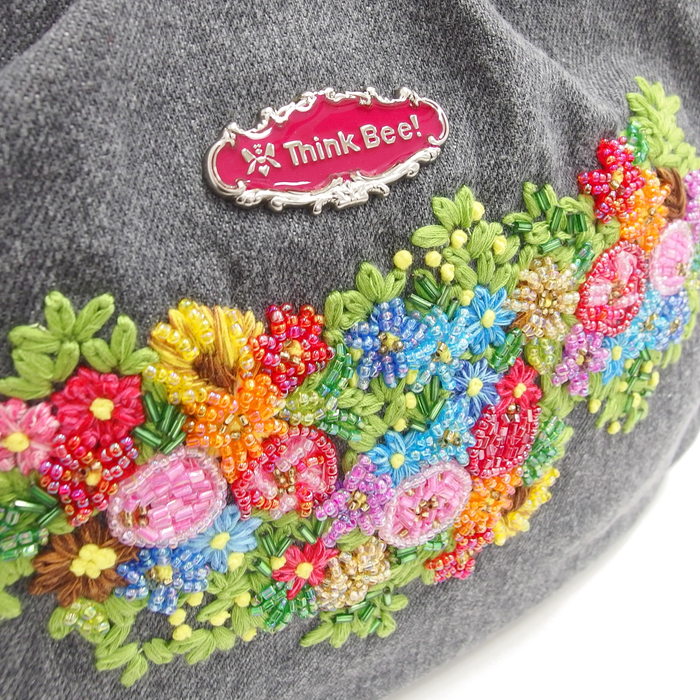 thinkbee/シンクビー】 ビーズ 花刺繍 ハンドバッグ デニム グレー