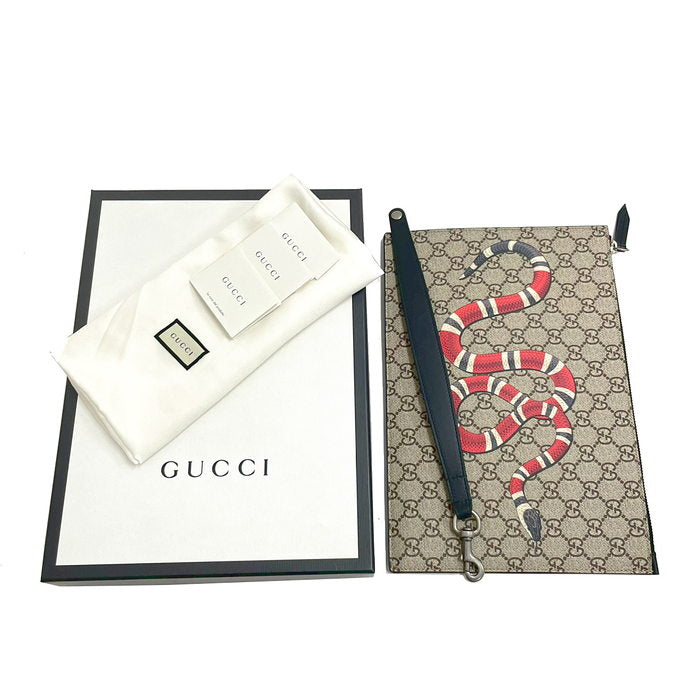 【GUCCI/グッチ】 GGスプリーム×キングスネーク 473904 スネーク/蛇 クラッチバッグ ベージュ×黒  ユニセックス【中古】【真子質店】【GD】, 【DDx】