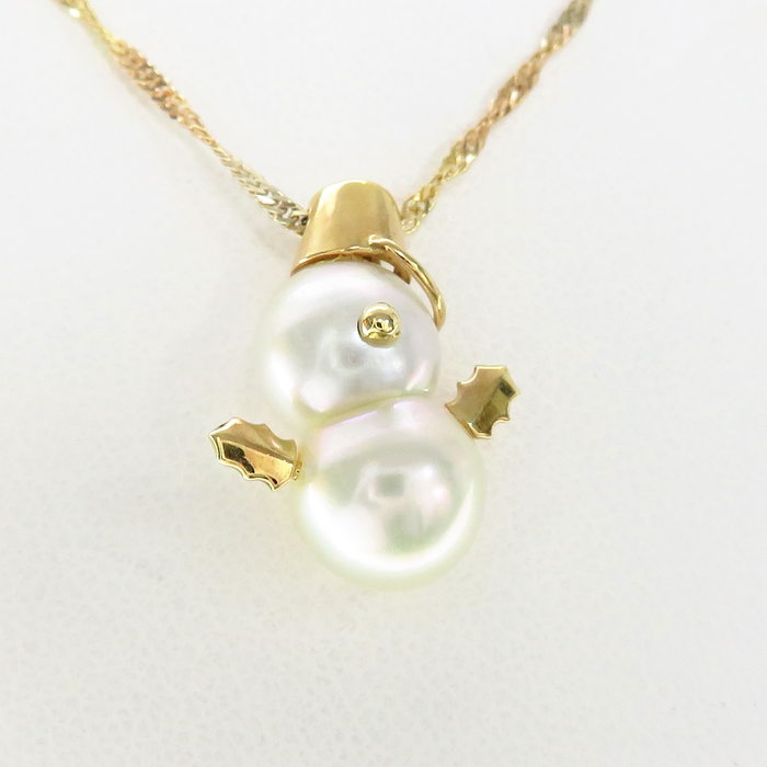雪だるまモチーフ アコヤ真珠 ネックレス K18ゴールド 18金 4.0g 40cm