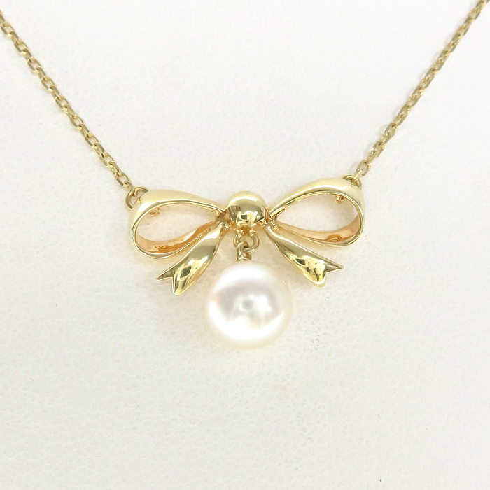 【MIKIMOTO/ミキモト】 リボンモチーフ アコヤ真珠 7.0mm ネックレス K14ゴールド 14金 2.9g 40cm レディース,  【中古】【真子質店】【NN】, 【IIx】