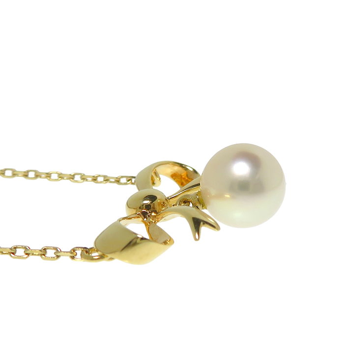 MIKIMOTO/ミキモト】 リボンモチーフ アコヤ真珠 7.0mm ネックレス K14 ...