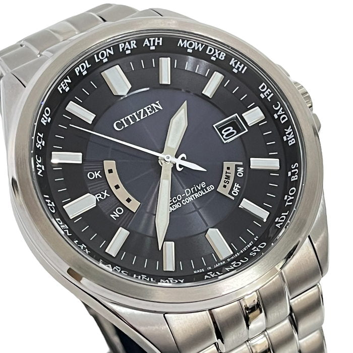 【CITIZEN/シチズン】 エコドライブ H145-S073545 ▲ネーム刻印有 腕時計 ステンレススチール ソーラー電波 ネイビー文字盤  メンズ, 【中古】【真子質店】【GD】, 【IIMo】