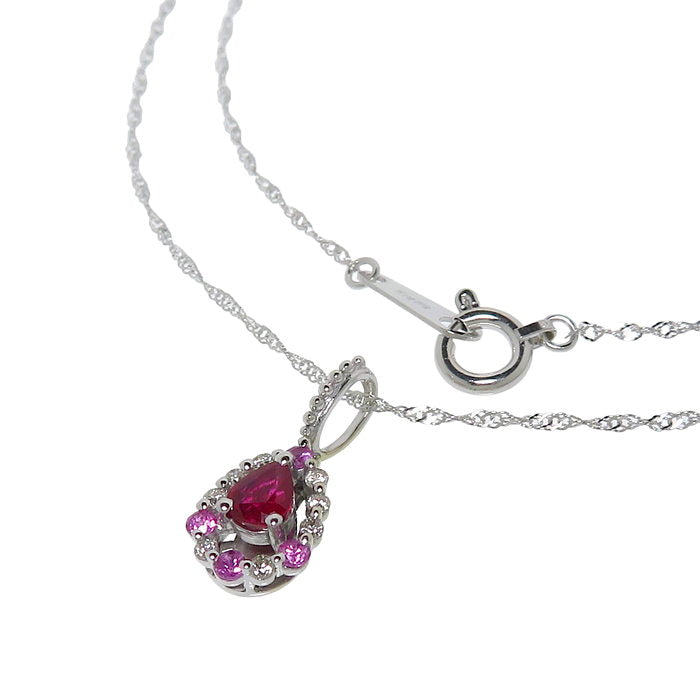 K18WG ピンクサファイア 0.15 ルビー0.15 ペンダントネックレス